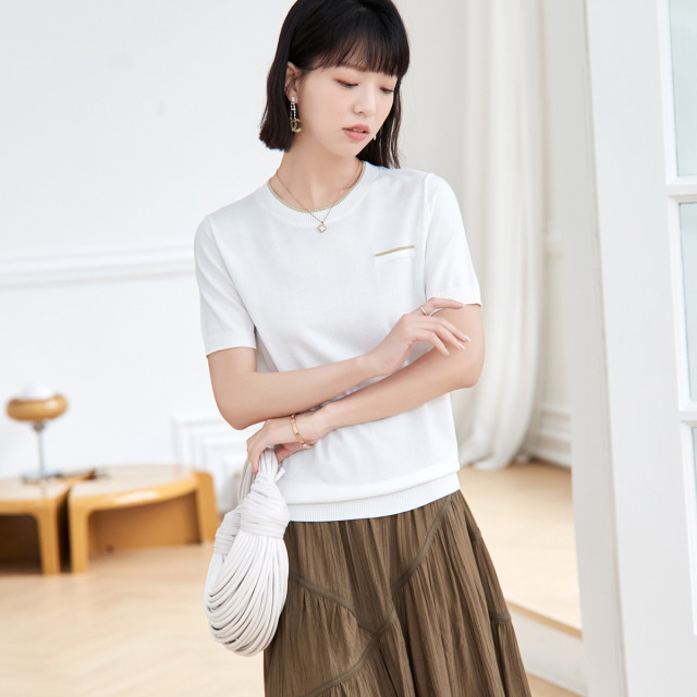 13596375.【撞色单贴袋】夏季休闲微弹女式针织衫