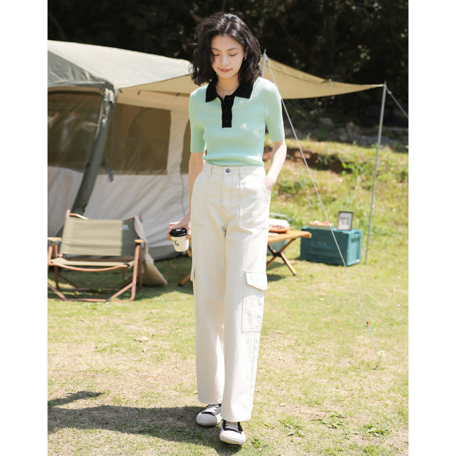 13596577.【撞色Polo领 】夏弹力修身短袖套头线衫女