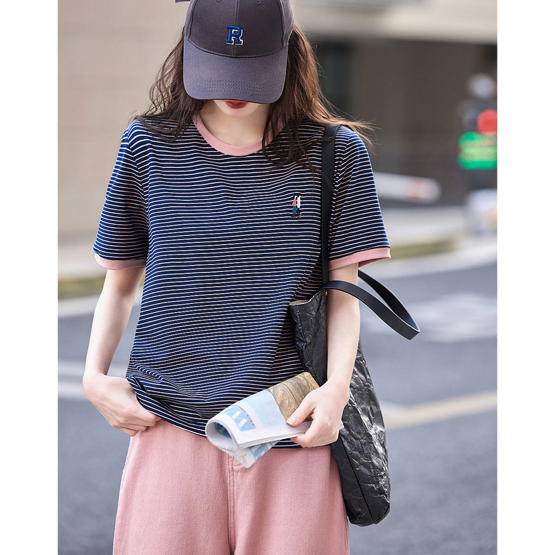 10686261.【复古情怀】夏季新圆领条纹撞色短袖t恤女刺绣时髦舒适女式t恤