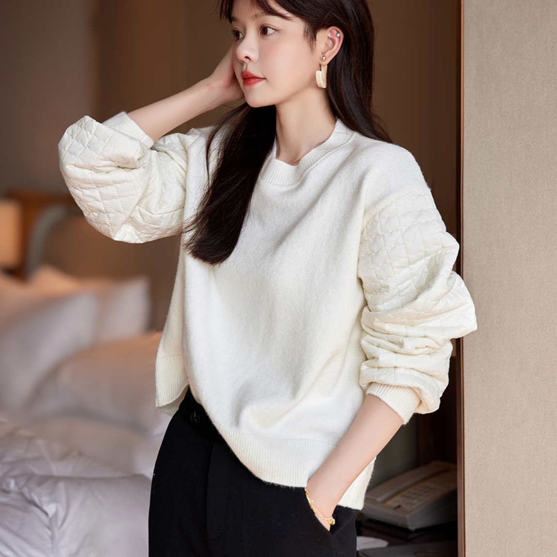 13733017.瑞品集团mt【法式复古风】春季袖子菱格拼接 纯色套头时尚百搭长袖针织衫女