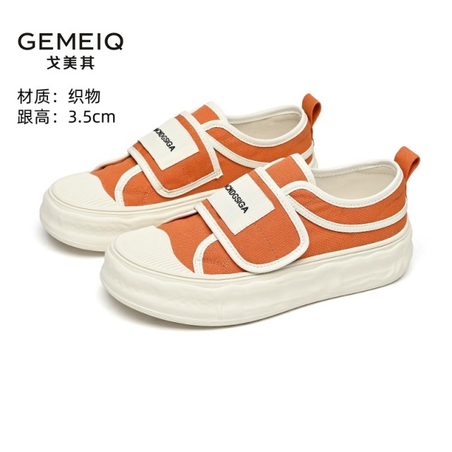 12623825.戈美其女鞋春夏新款圆头平底拼色休闲单鞋厚底魔术贴运动鞋帆布鞋