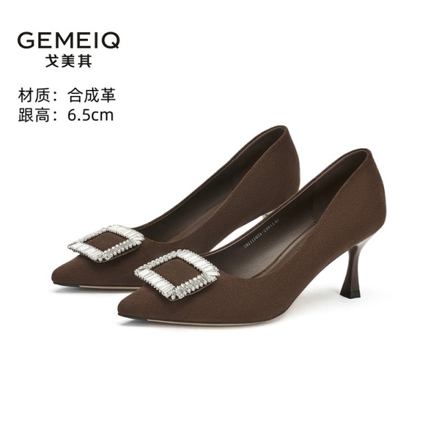 12649454.戈美其女鞋春季黑色法式尖头高跟鞋新款浅口方扣水钻气质职业单鞋