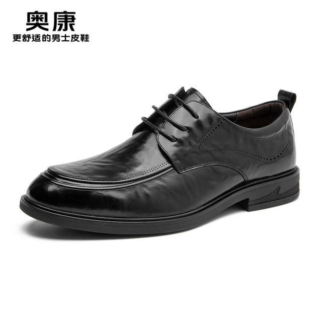 12434617.奥康男鞋春秋季新款商务休闲皮鞋男款黑色户外手抓纹真皮鞋子