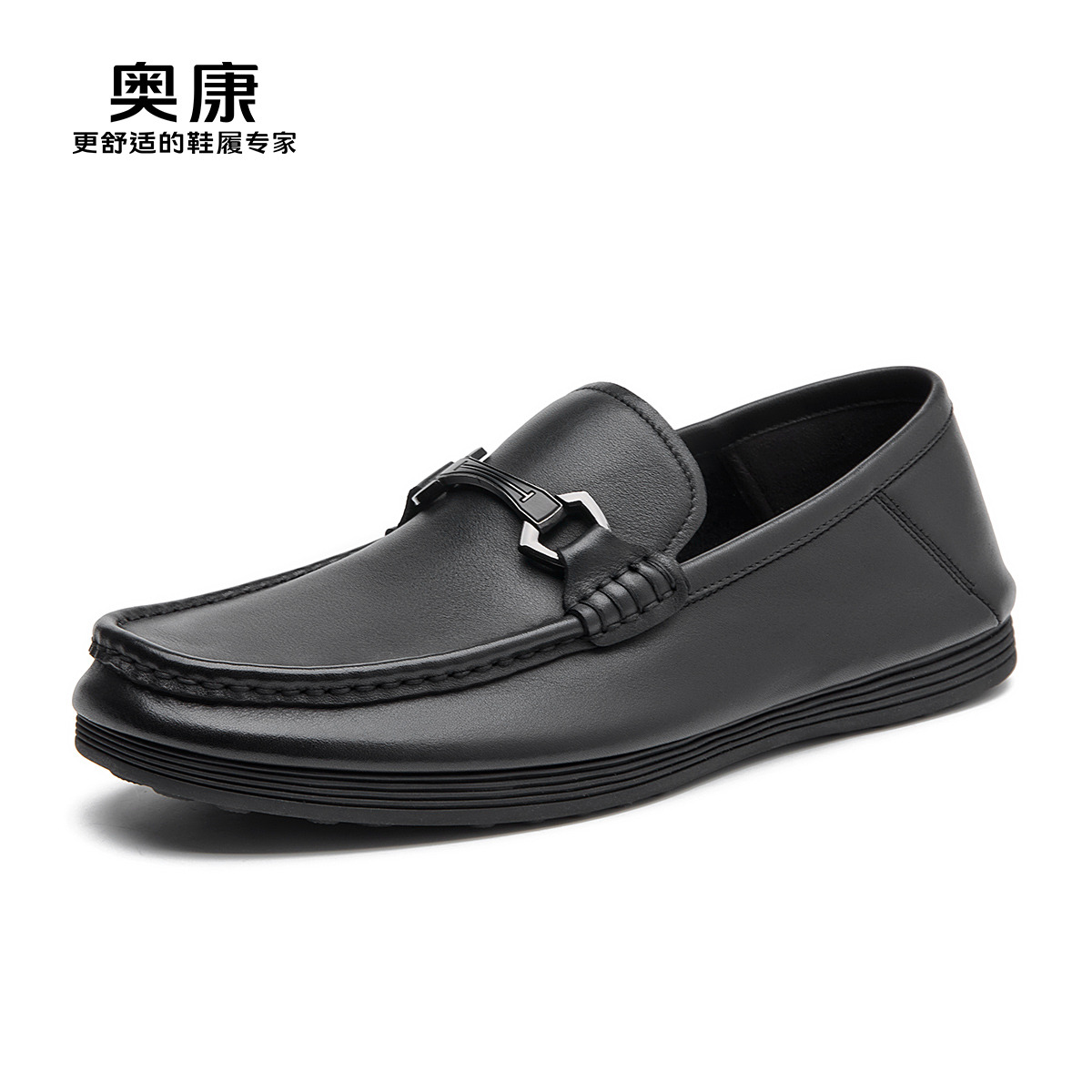 12442454.奥康男鞋秋季新款真皮豆豆鞋男士商务休闲皮鞋软面套脚懒人驾车鞋