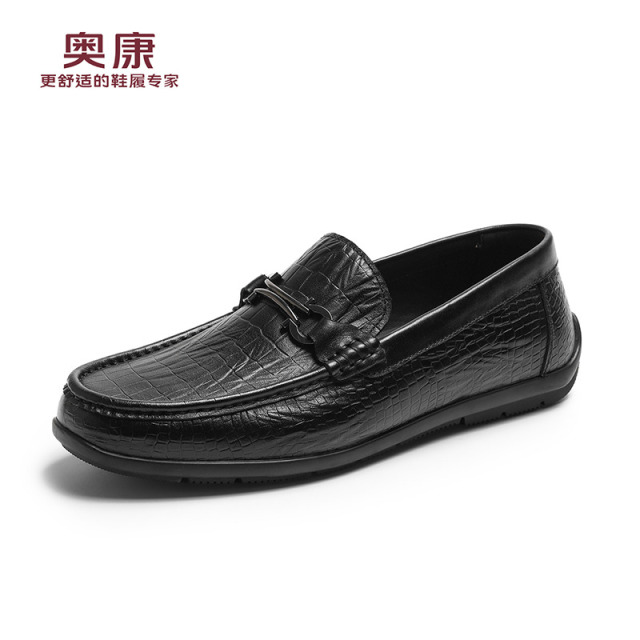 12450563.奥康男鞋秋季新款真皮商务休闲豆豆鞋男士一脚蹬舒适软底乐福鞋