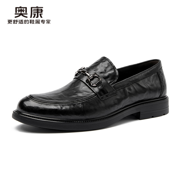 12451924.奥康男鞋秋季新款真皮商务休闲皮鞋男款手抓纹乐福鞋男士套脚新郎结婚鞋