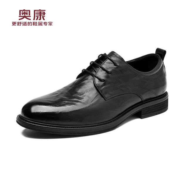 12454094.奥康男鞋秋季新款真皮手抓纹商务正装皮鞋低帮舒适百搭结婚新郎鞋