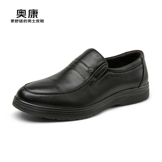 12459808.奥康男鞋秋季新款商务休闲皮鞋男款黑色防滑套脚中老年爸爸鞋子