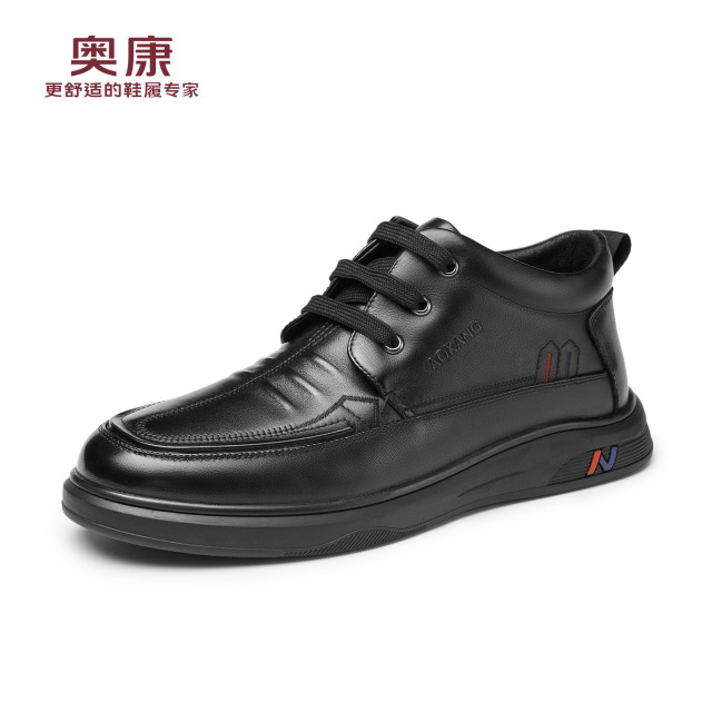 12782561.奥康男鞋冬季新品商务休闲皮鞋头层牛皮保暖加绒百搭高帮皮鞋