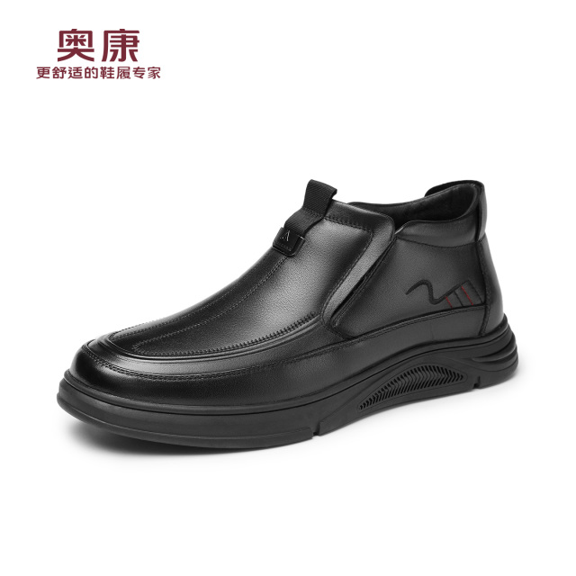 12782768.奥康男鞋冬季新款真皮保暖套脚鞋男士中老年棉鞋高帮爸爸鞋