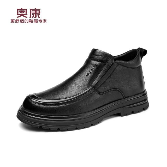 12782910.奥康冬季男士爸爸棉鞋加绒保暖商务休闲皮鞋真皮一脚蹬防滑耐磨
