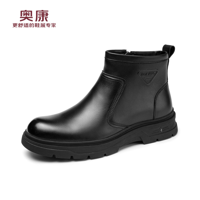 12783099.奥康冬季新款男士棉鞋加绒保暖高帮防寒英伦真皮舒适短靴时装靴子