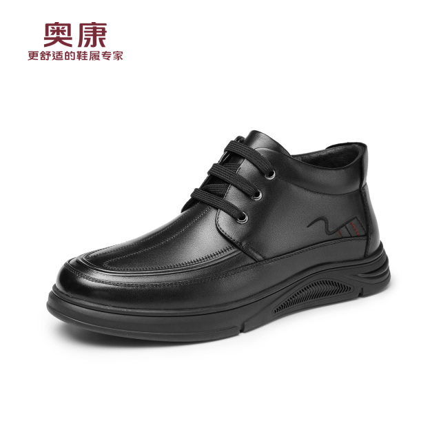 12782741.奥康高帮鞋秋冬季新款男鞋厚底系带休闲皮鞋加绒保暖爸爸棉鞋