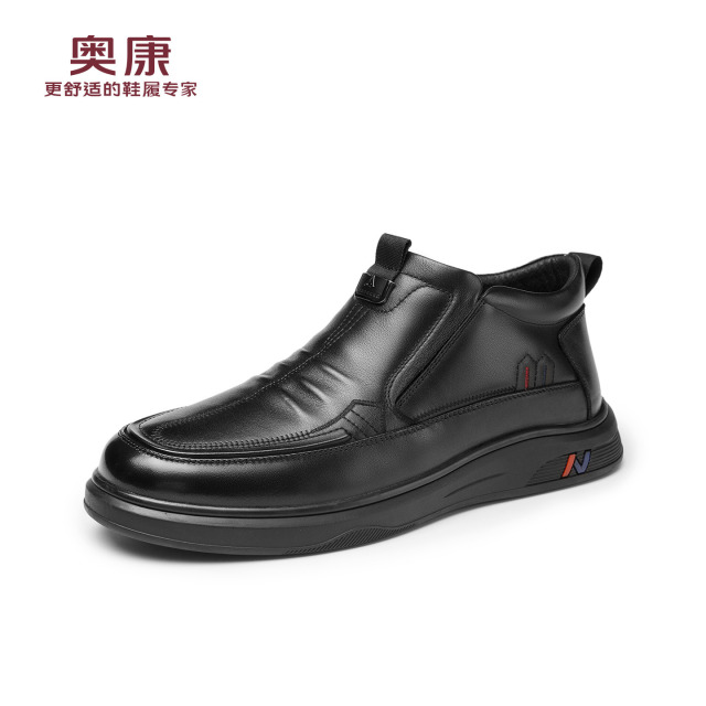 12782692.奥康男鞋冬季新品商务休闲皮鞋保暖加绒套脚真皮皮鞋爸爸鞋子