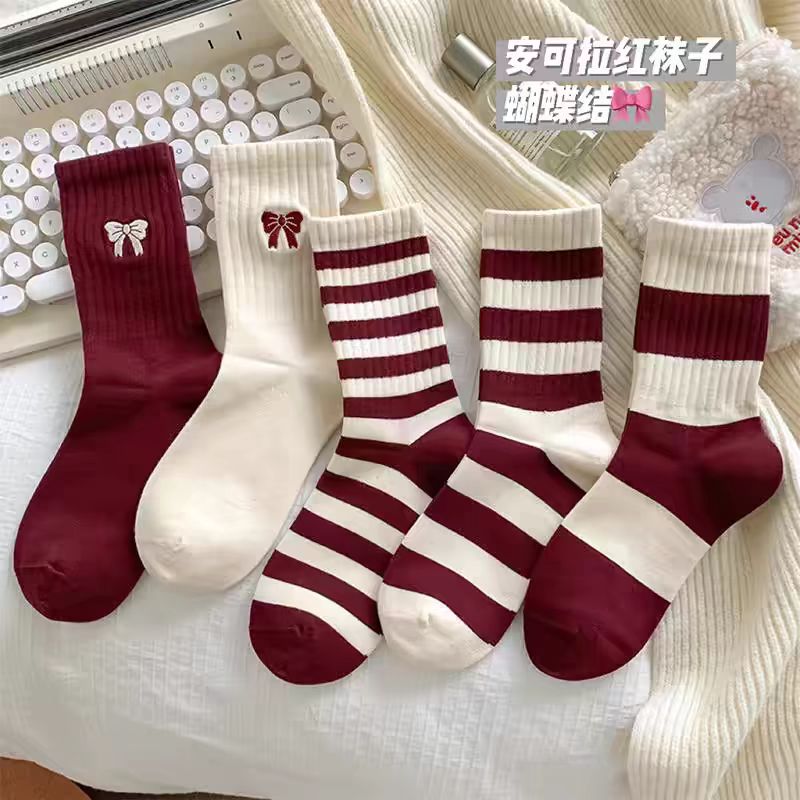 12782899.安哥拉红袜子蝴蝶结酒红色女中筒条纹春秋女款秋季潮流袜