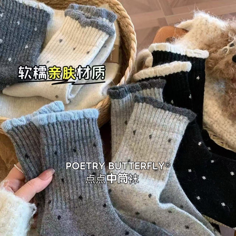 12782780.波点袜子女秋冬季中筒袜复古花边百搭堆堆袜