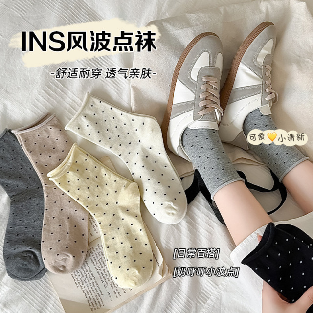 12822764.点点款卷边中筒袜女波点袜子女中筒袜春秋款夏季韩版日系女袜