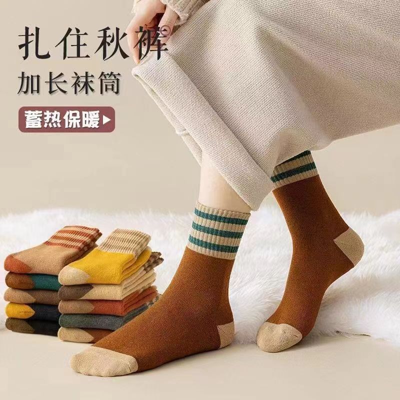 12822421.三条杠毛圈袜子女中筒冬天条纹女士加厚保暖冬季加厚袜子情侣