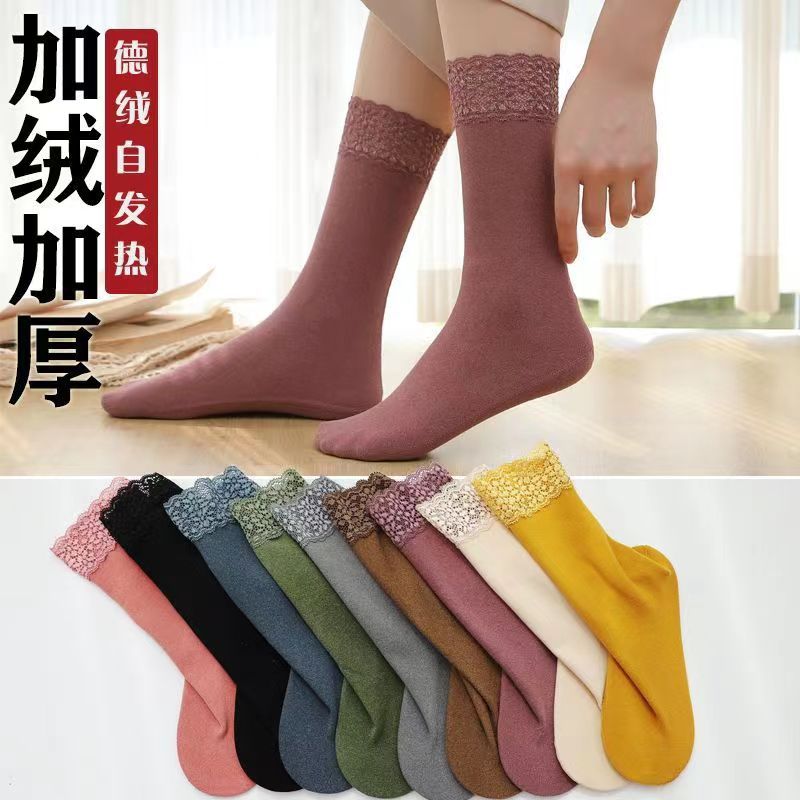 12826322.袜子女中筒袜德绒自发热短袜防滑不掉跟蕾丝边长筒保暖无痕低帮袜