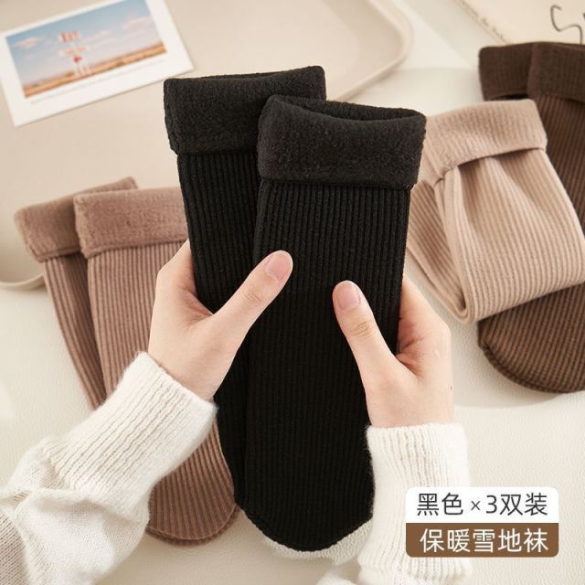 12826690.大地雪地袜子女秋冬季中筒袜加绒加厚保暖长筒袜毛绒居家睡眠