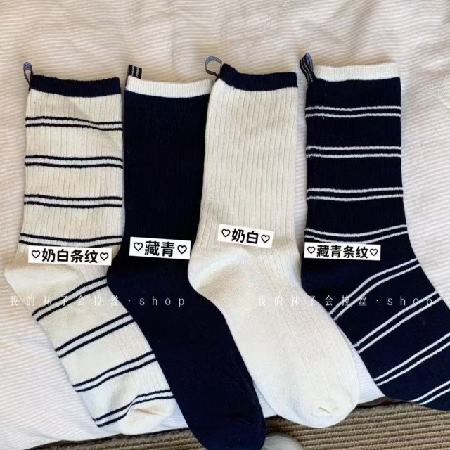12827106.学院秋冬百搭厚款条纹中筒袜女高后跟飘带设计拼色堆堆袜