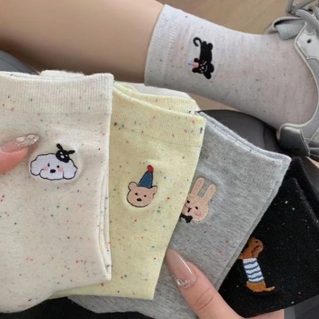 12827157.点子纱AB款卡通中筒袜ins原创设计可爱腊肠狗猫咪堆堆袜