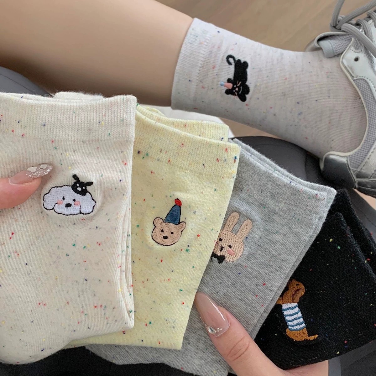 12827157.点子纱AB款卡通中筒袜ins原创设计可爱腊肠狗猫咪堆堆袜