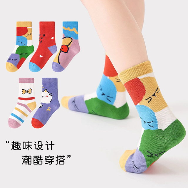 12845129.儿童袜子春秋季女童袜中筒透气高弹舒适可爱猫咪潮袜
