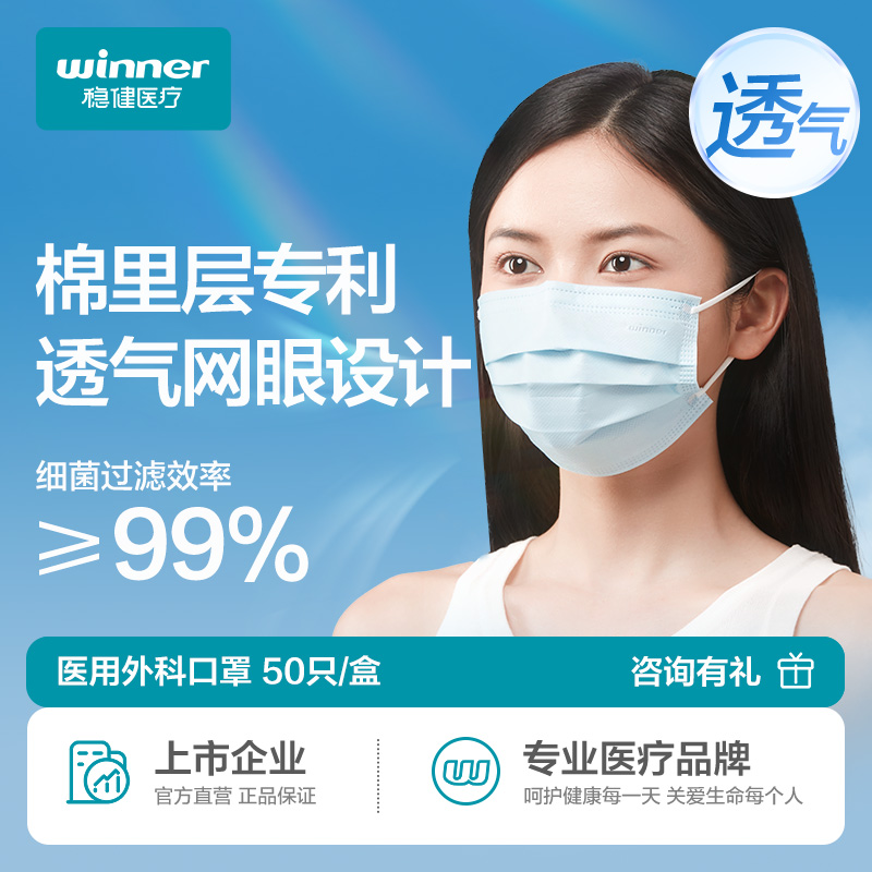 12480132.稳健棉里层医疗一次性医用外科口罩立防花粉儿童成人高颜值50只/盒