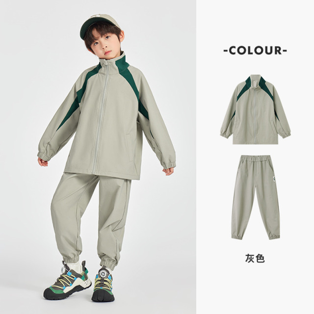 13308798.儿童2025春新款拼色插肩户外运动套装男童开衫外套裤子校园两件套
