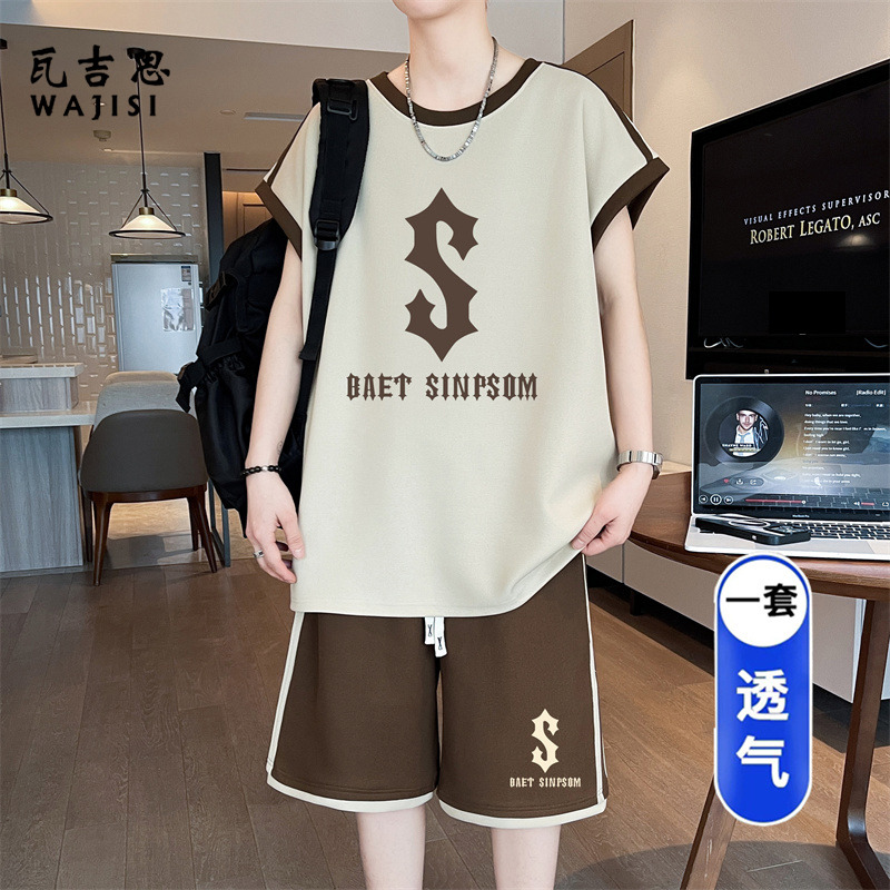 13728956.夏季青少年男款无袖套装高中初中学生T恤背心篮球运动服宽松球衣