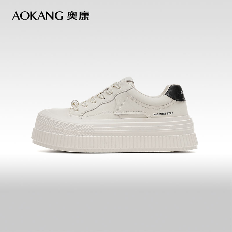 12818282.【舒适好穿】奥康女鞋 春秋复古厚底休闲板鞋拼色系带小白鞋