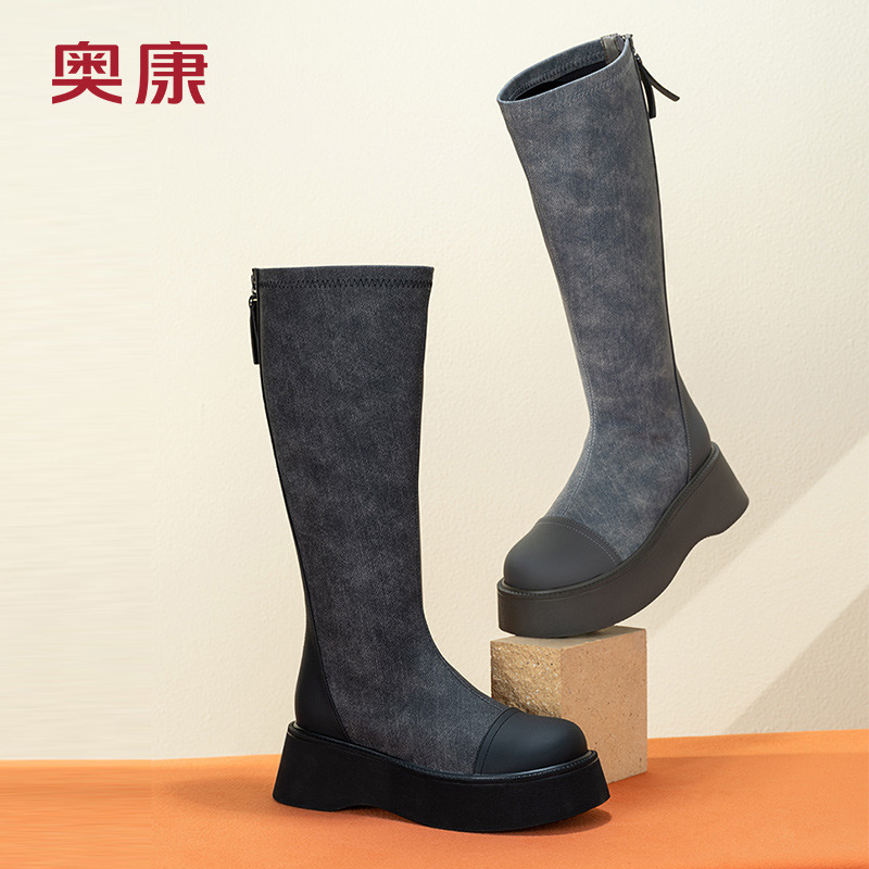 12816353.【复古+厚底】奥康 女鞋不过膝长筒靴厚底高筒靴显瘦袜靴骑士靴