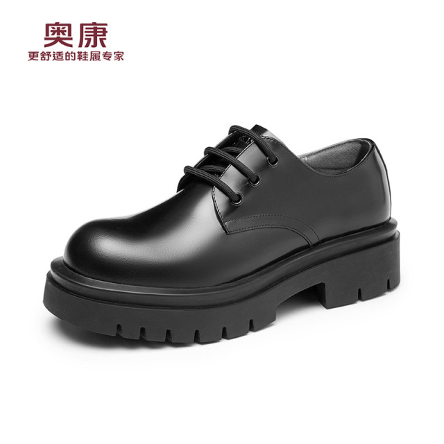 13140041.奥康【头层牛皮】德比鞋男款厚底增高黑色大头皮鞋圆头通勤工装休闲鞋