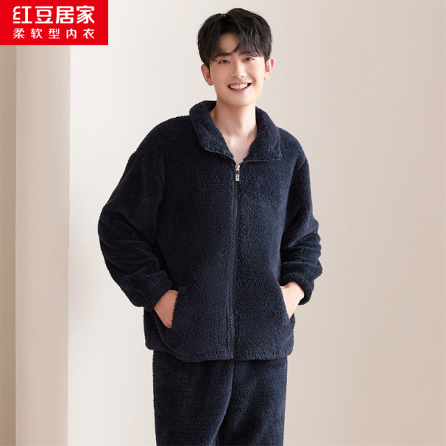 12739699.【加绒加厚】男女式秋冬保暖珊瑚绒拉链开衫长袖暖绒睡衣套装可外穿