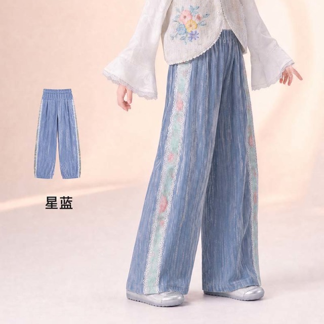 13841581.年衣童装长裤秋季新款女童儿童休闲裤新中式丝绒裤子直筒裤阔腿裤