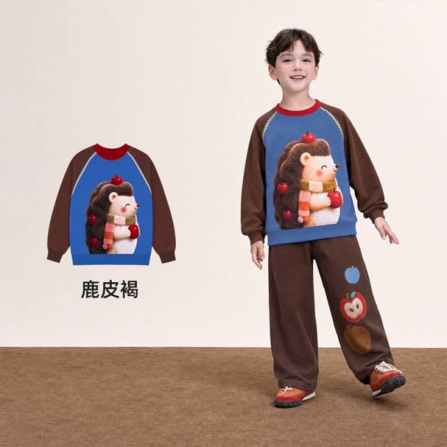13843820.【苹果森林】年衣童装圆领卫衣秋季新款卡通插肩袖撞色宽松保暖上衣