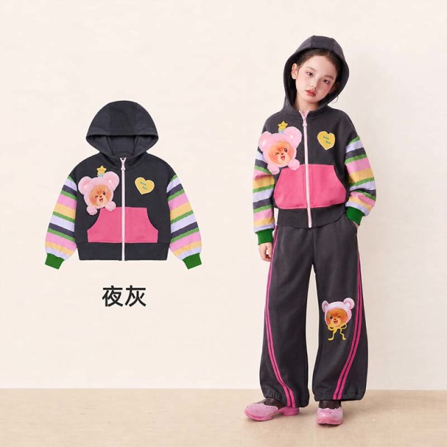13843742.年衣童装儿童连帽外套秋季新款女童卡通撞色户外休闲开衫卫衣上衣