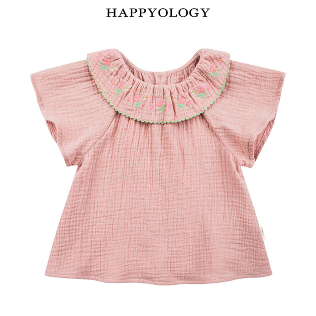 13441276.happyology英国夏季简约女童可爱绣花领短袖T恤儿童上衣