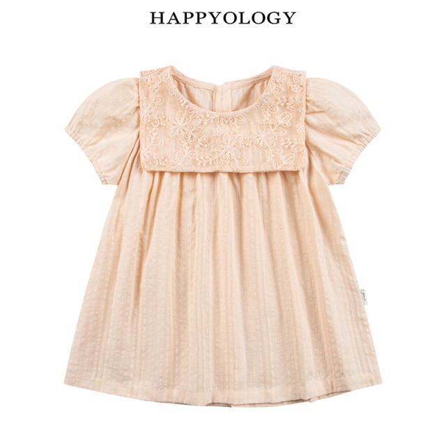 13441310.happyology英国女童夏季海军领绣花上衣女宝宝可爱学院风短袖衬衫
