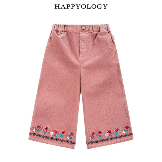 13505758.happyology英国女童刺绣脚口阔腿简约八分裤休闲裤