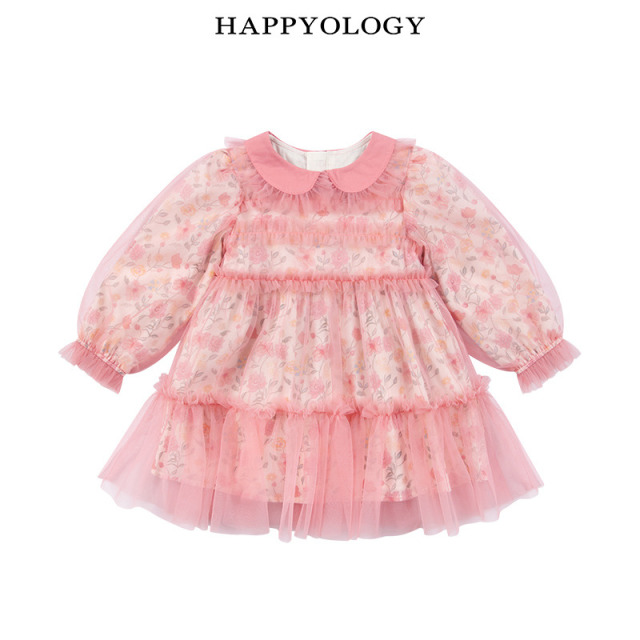 13674935.happyology春季女童宝宝撞色领网纱长袖连衣裙