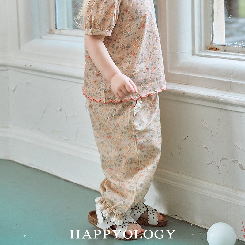 13674919.happyology春季女童宝宝撞色花边拼接长裤