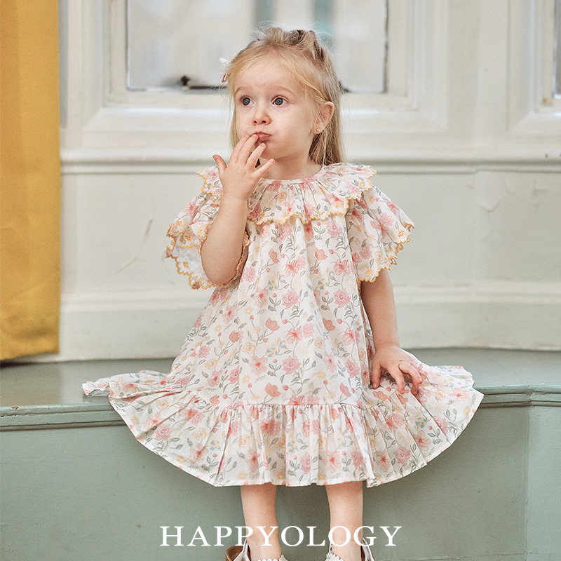 13674917.happyology夏季女童宝宝撞色绣花边连衣裙