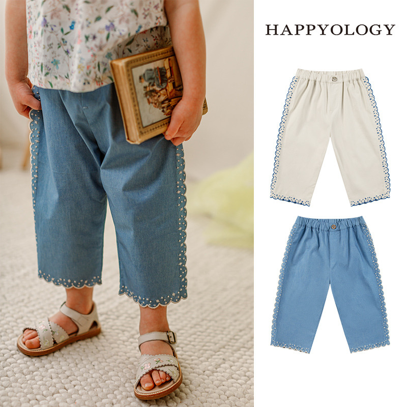 13674938.happyology夏季女童宝宝撞色绣花边九分裤