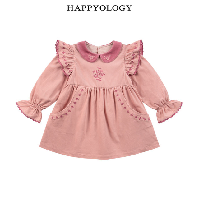 13674908.happyology春季女童宝宝撞色翻领绣花连衣裙