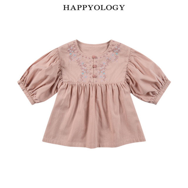 13674910.happyology春季女童宝宝圆领绣花中袖上衣
