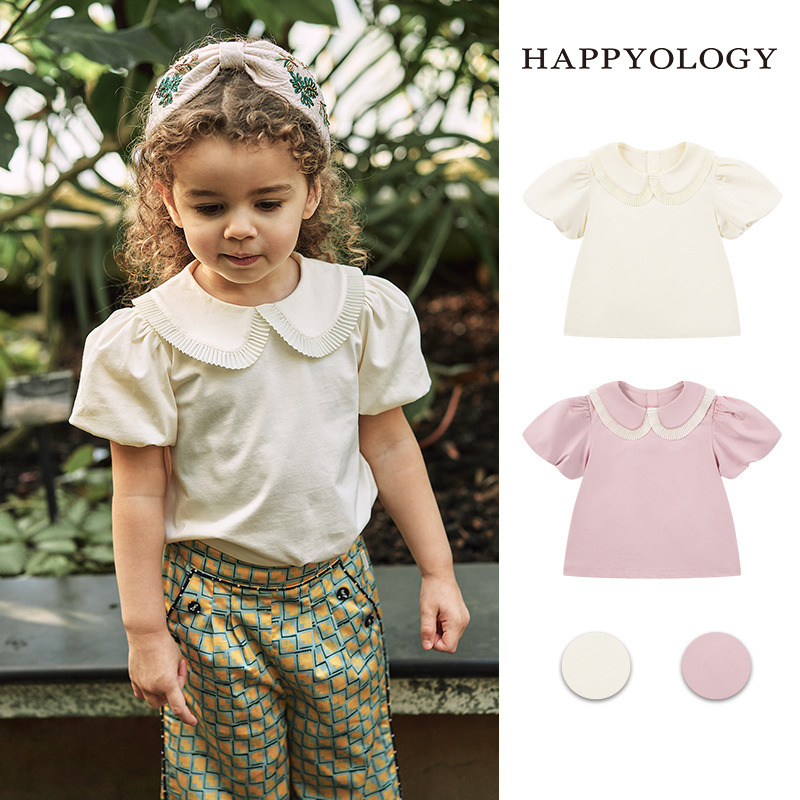 13674931.happyology夏季女童宝宝压褶花边领针织上衣