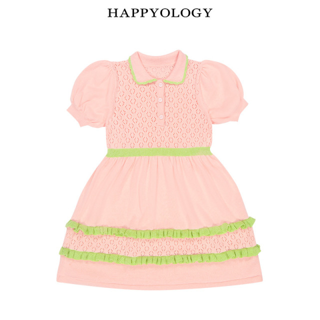 13674960.happyology夏季女童宝宝撞色花边毛织连衣裙