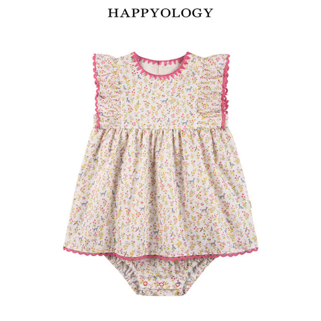 13674921.happyology夏季女童宝宝圆领飞袖花边连体衣